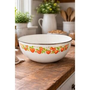 Vintage USA Kitchen Strawberry Enamel Mixing Bowl 11" Farmhouse White